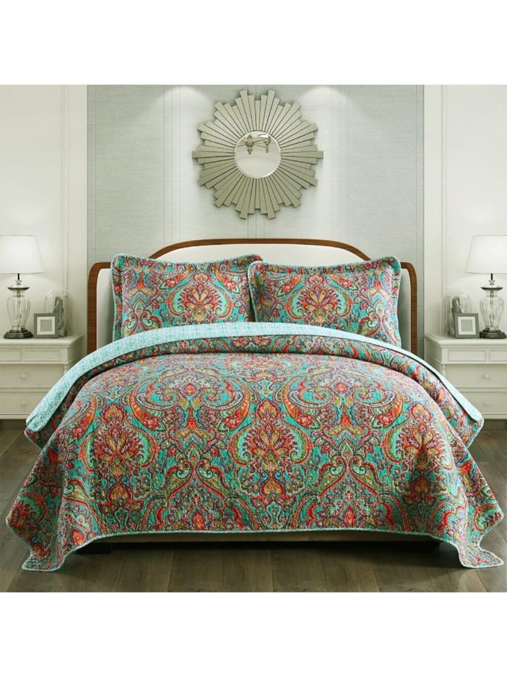 Reversible Cotton Quilt Set - King Size Floral Patchwork Bedspread Coverlet